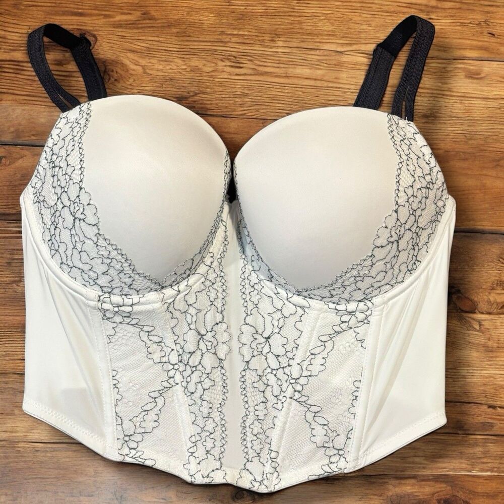 Camio Mio Strapless Bustier 34DD White Black Lace Underwire Longline Corset